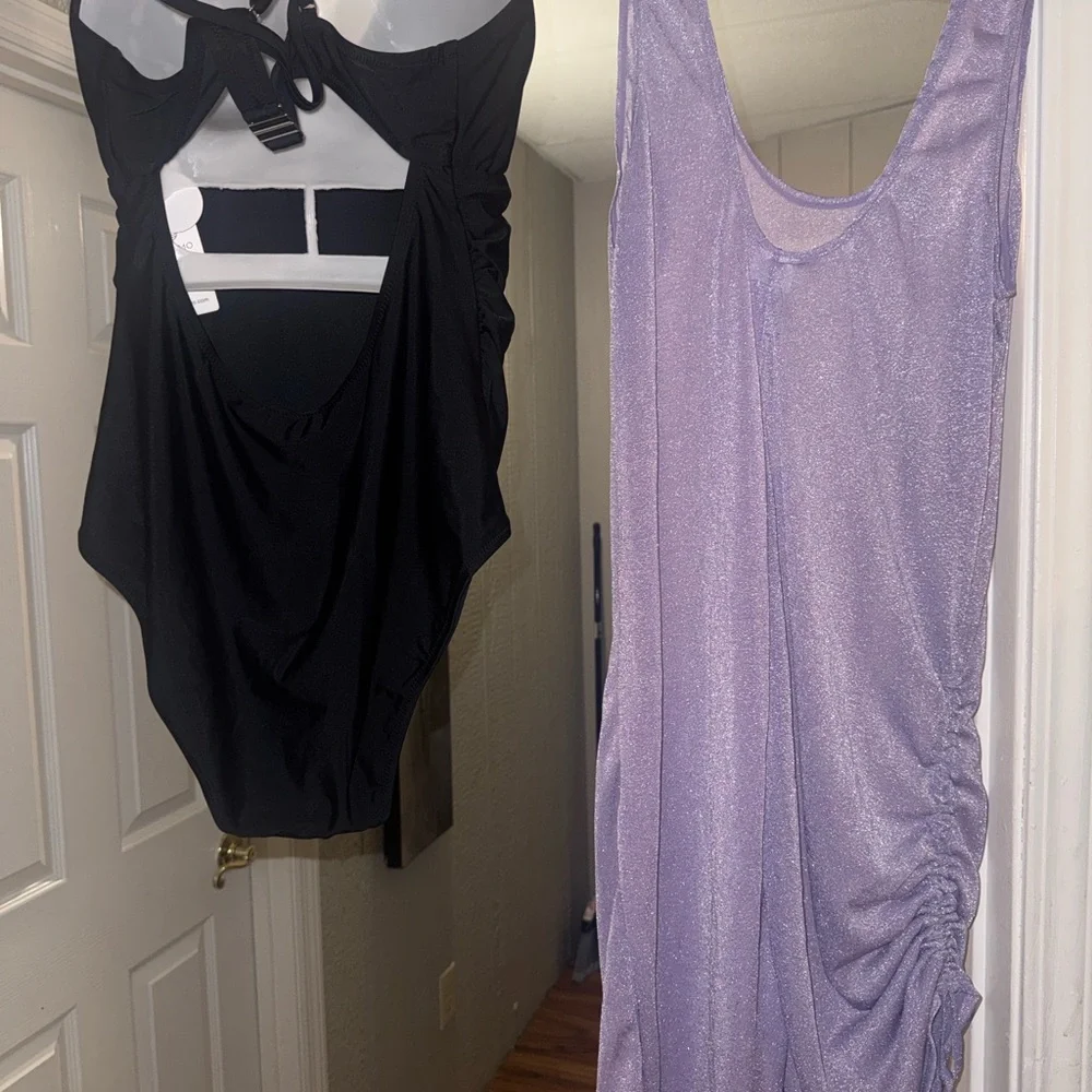 NWT Black 1 piece XL Swimsuit with large Purple shimmery Cover-Up with stretch.